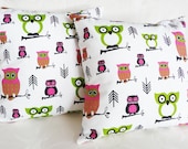 OWL PILLOWS, Childrens Throw Pillow, Whimsical Cushion Covers, Kids Bedding, Pink Green White, Childrens Decor 16x16