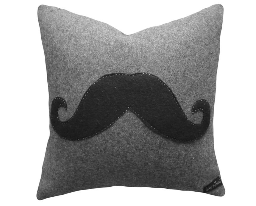 Moustache Pillow, Black Mustache on Gray Cushion Cover, Throw Pillows, Man Cave Decor, Guys Couch Pillow, Unique Gift 18x18