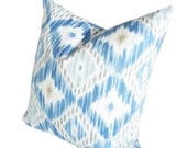 Blue IKAT Pillow, Decorative Throw Pillow, Cushion Covers, Blue White Taupe, Modern Designer, Contemporary, Sofa Couch Accents 20x20