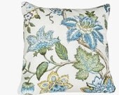 Blue and Cream Pillows, Floral Throw Pillow, Decorative Cushion Covers, Couch, Sofa, Jacobean Flowers, Country, Cottage Chic 18x18