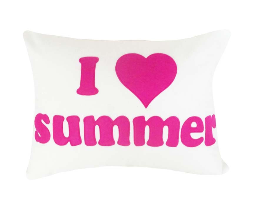 I LOVE Summer, Word Pillow, Text Pillows, Unique, Girls Bedroom Decor, Appliqued Fushia Letters on White Accent Cushion 14X18