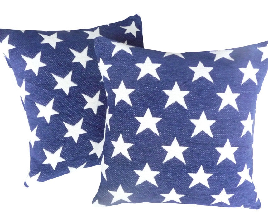 Primitive Blue Cream Throw Pillows, Stars, Old Americana, Set of Two 2, Rustic, Farmhouse, Cottage Chic, Cushion Covers, Country Lodge 18x18