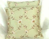 Contemporary Floral  Decorative Throw Pillow, Embroidered Green White Gold, Flowers and Vines, Elegant Cushion Cover, Sofa Accent 20x20