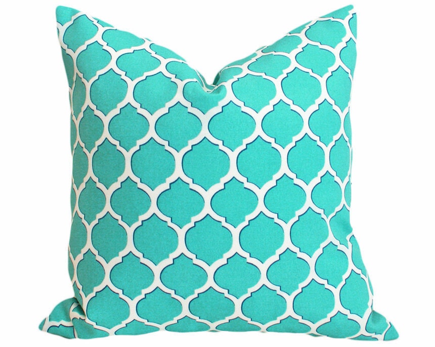 Turquoise Patio Pillows, Blue Geometric Cushions, Decorative Throw Pillows, Inside Outside Covers, Trellis Throw Pillows, Beach Decor 18x18