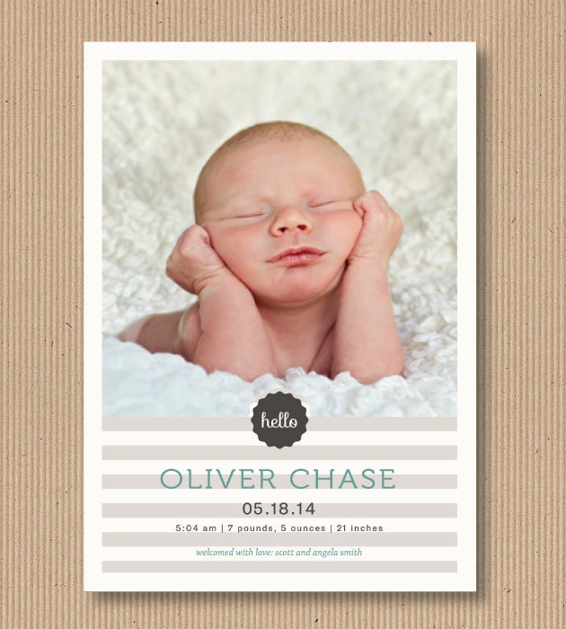 Baby Boy Birth Annnouncementl, 5x7, Printable - Classic Stripes