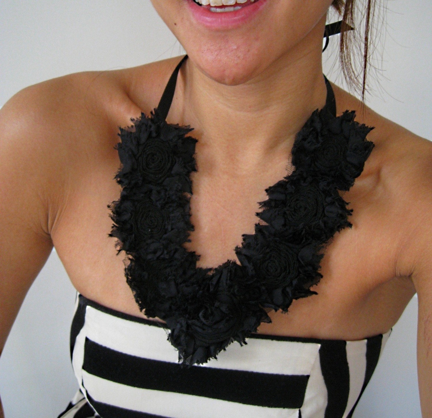 CLEARANCE SALE Chiffon, Tulle and Cotton Rose Bib Ribbon Necklace in Black