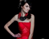 Oriental Princess - Red and Black Beaded Rosette Bib Necklace