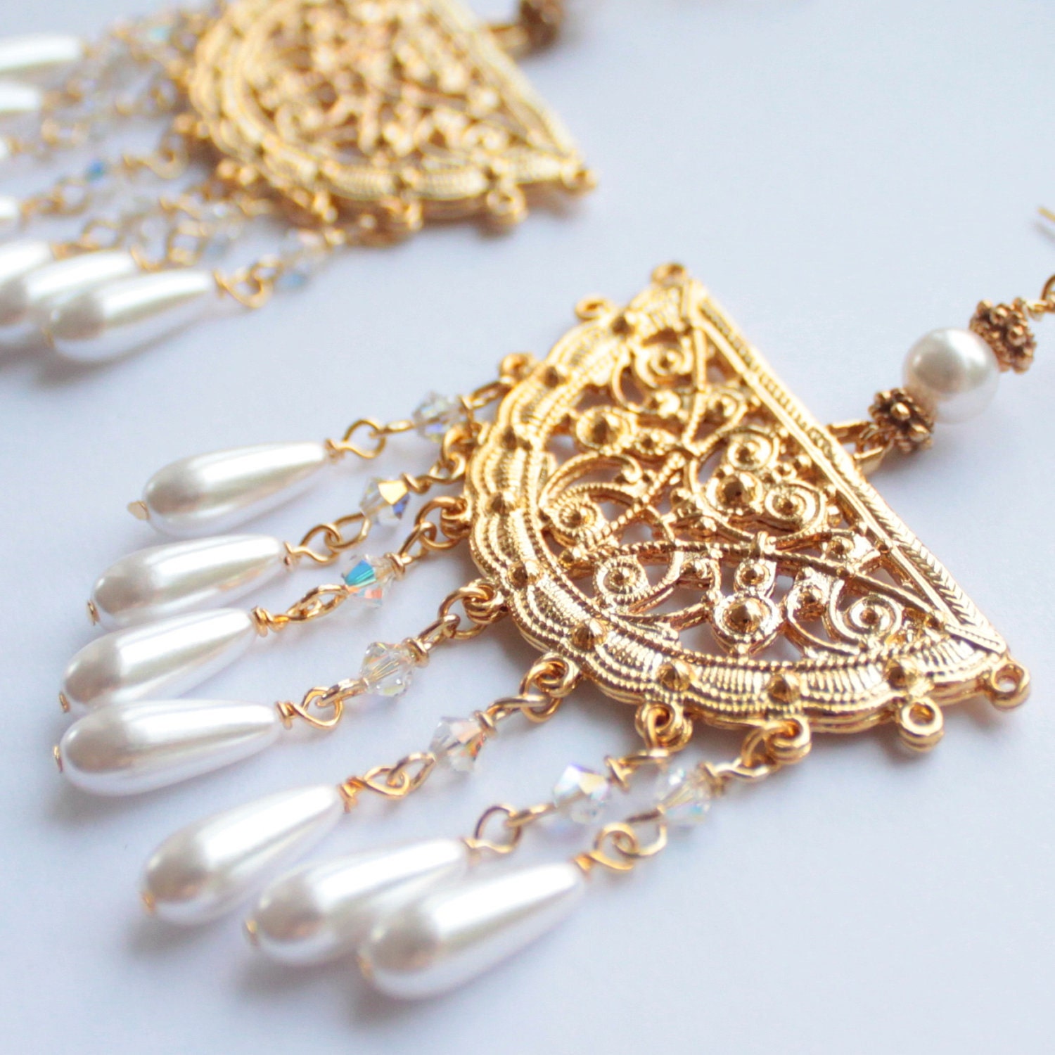 Helen of Troy - 14K Gold Plated Chandelier Earrings with Pearl Drops