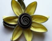 Lemon Yellow and Dark Chocolate Brown Floral Brooch / Zipper Pin - Approx 3.25 in/ 8.5 cm - by ZipPinning - 1739