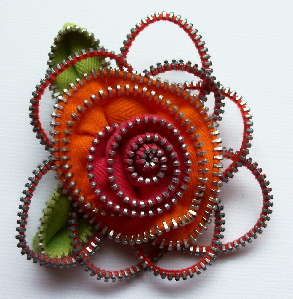 Bright Orange and Hot Pink Floral Brooch / Zipper Pin by ZipPinning 2159