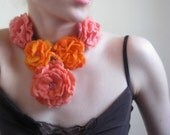 Coral and Orange Rose Necklace-Hand Felted-Wearable Art