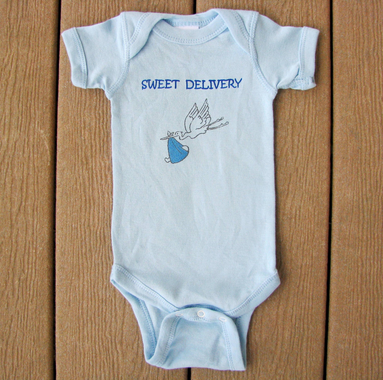 Sweet Delivery Stork Baby Onesie Bodysuit in Blue or Pink
