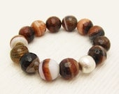 Natural Agate Sterling Silver Bracelet / brown white orange rust pumpkin black peach stripes / rustic country inspired / nature neutral
