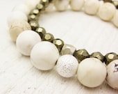 Pyrite & White Turquoise (Magnesite) Bead Bracelet Set / white fools gold rustic natural woodland golden stacking natural nature