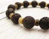 Lava Stone Bead Bracelet with Coconut Wood / chocolate & coffee color / bohemian brown stretchy