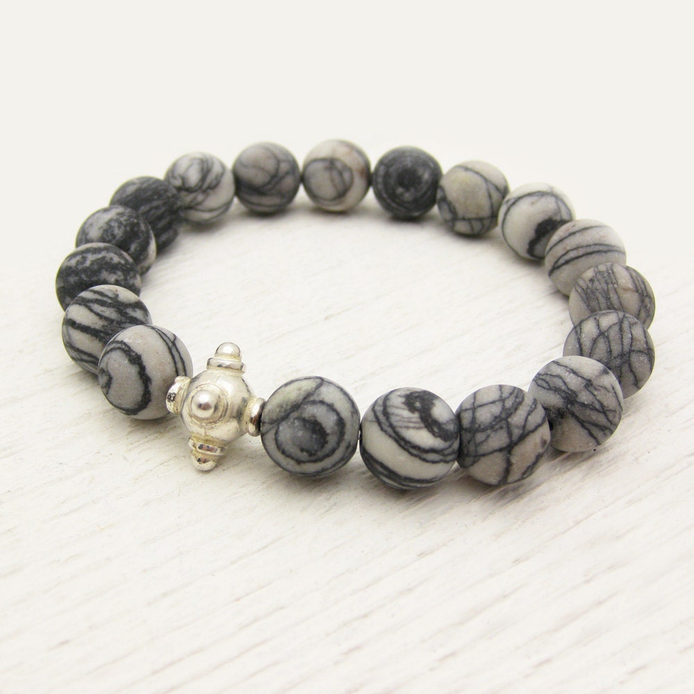 Matte Picasso Jasper Bead Bracelet with Sterling Silver / Black & White / grey statement bracelet / modern swirl striped pattern