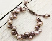 Pink Pearl and Leather Bracelet: Knotted w/ Natural Fresh Water Pearls, nature nautical ocean feminine soft organic winter pastel under 100 - byjodi