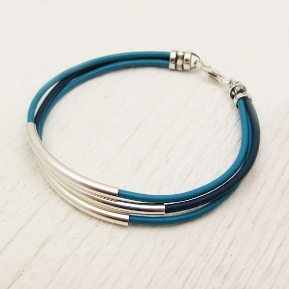 Turquoise Aqua Blue Leather & Sterling Silver Bracelet / unisex silver comfort natural / geometric boho bohemian stacking bangle modern