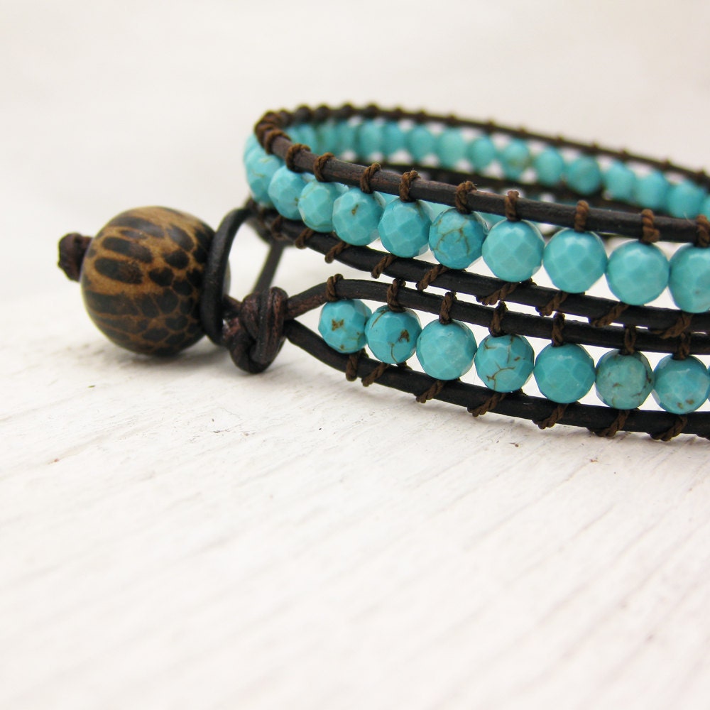 Turquoise Leather Wrap Bracelet / Eco Friendly Leather Coconut Wood Silk / sky blue southwestern bohemian unisex wrap bracelet