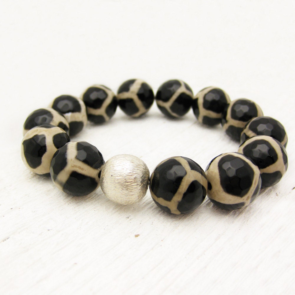 Safari Tibetan Agate Bead Bracelet w/ Brushed Sterling Silver / giraffe leopard Africa inspired / black tan ethnic tribal summer fashion
