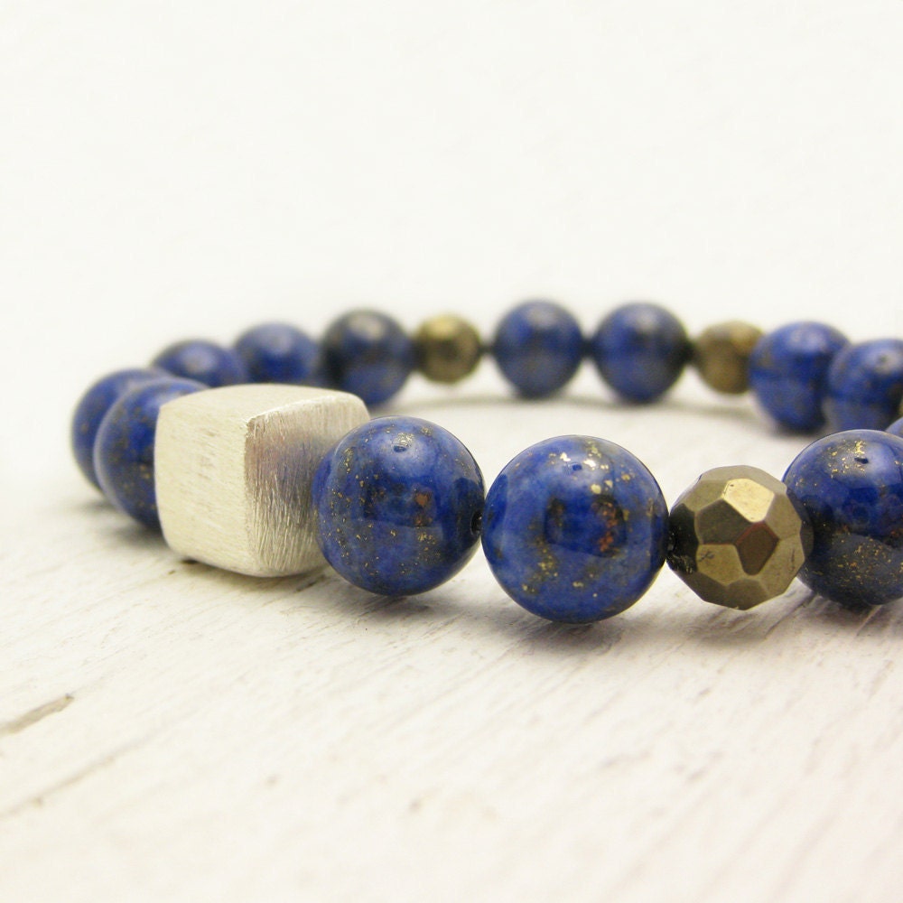 Lapis Lazuli Pyrite Bracelet "Dream of Stars in the Night Sky" / fools gold natural gemstones sterling silver / bohemian fall fashion