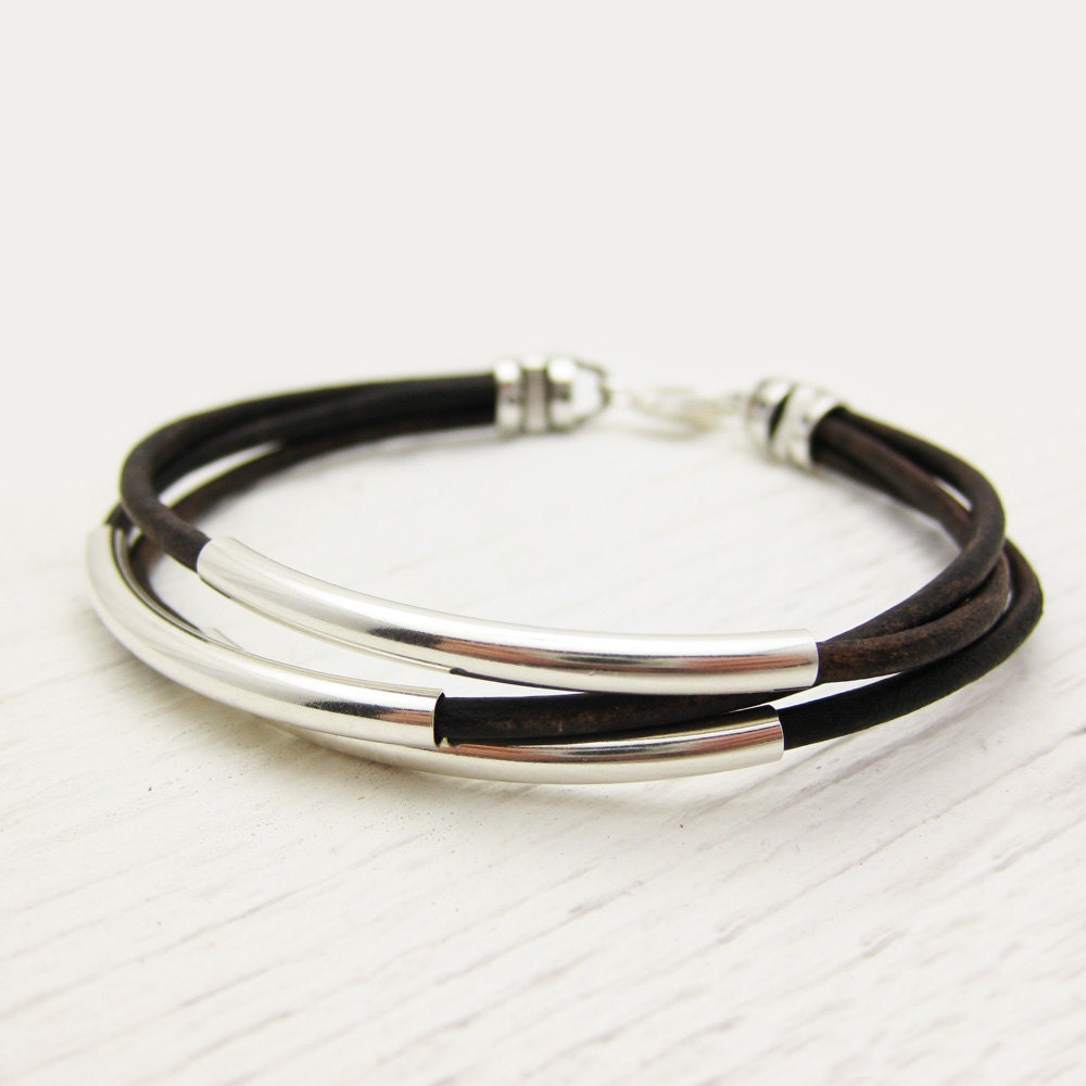 Antique Brown Leather & Sterling Silver Bracelet / rustic comfort natural coffee colored / nature woodland inspired / unisex