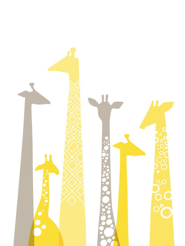 giraffes giclee print on fine art paper. 20X24. butter yellow & gray.