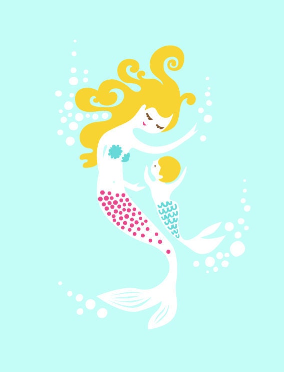 mermaid mother & boy. 10X13" giclee print. turquoise, magenta, blonde. mothers day gift.