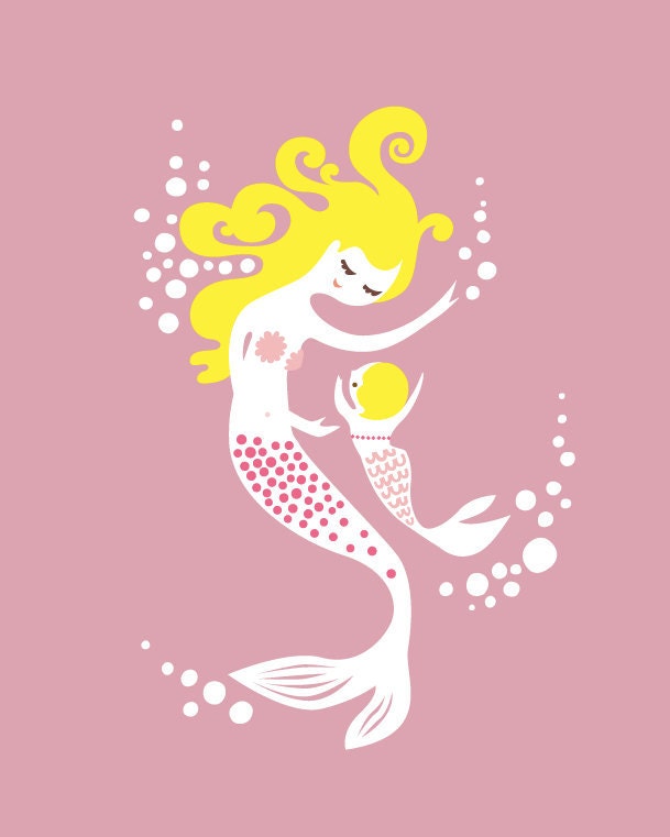mermaid mother & baby girl 8X10" giclee print on fine art paper. warm lilac/pink/blonde. mothers day gift.