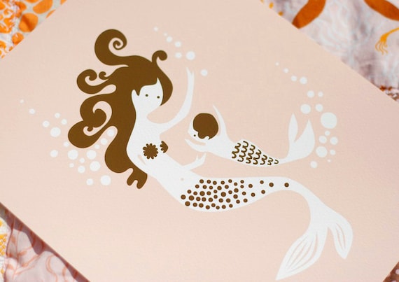 SALE: Mermaid Mommy and Baby Giclee Print PEACHY-PINK