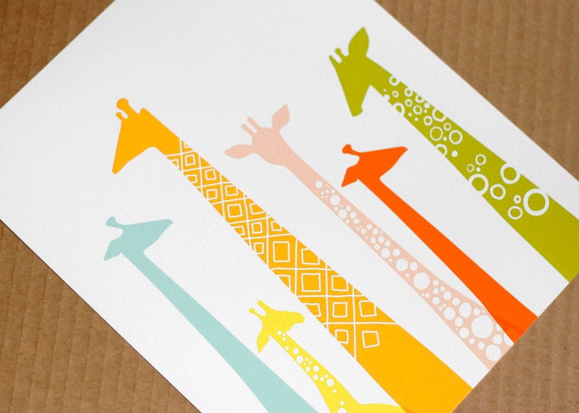 giraffes giclée print on fine art paper. 8X10. rainbow.