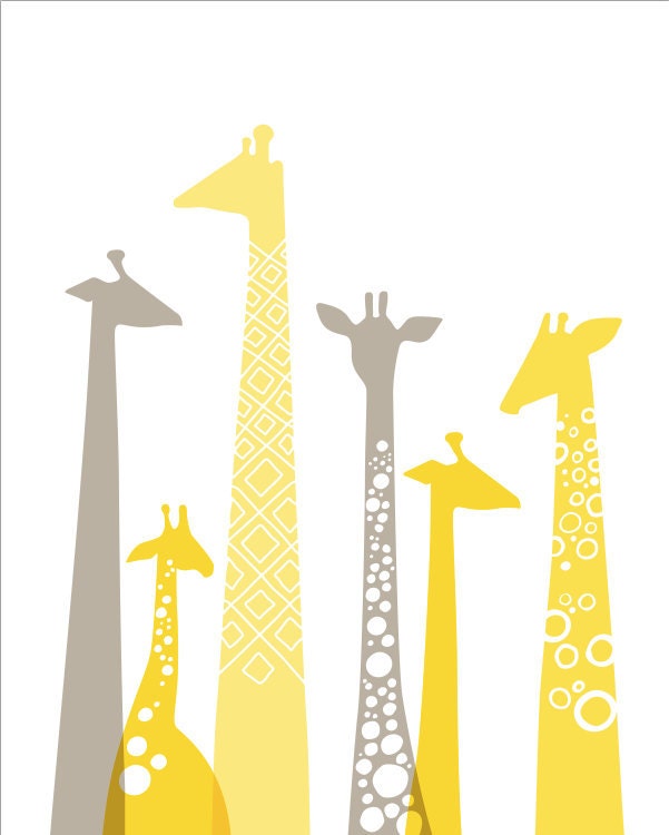giraffes 8X10 giclee. butter yellow & light gray.