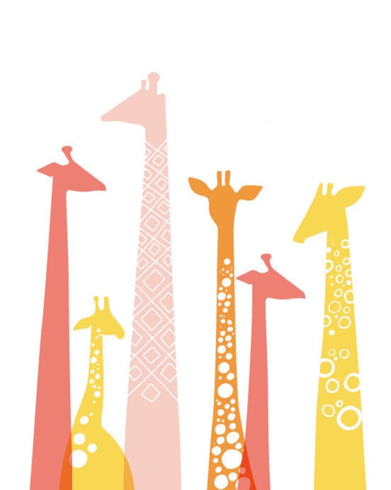 giraffes giclée print. 8X10. pink, orange, yellow.