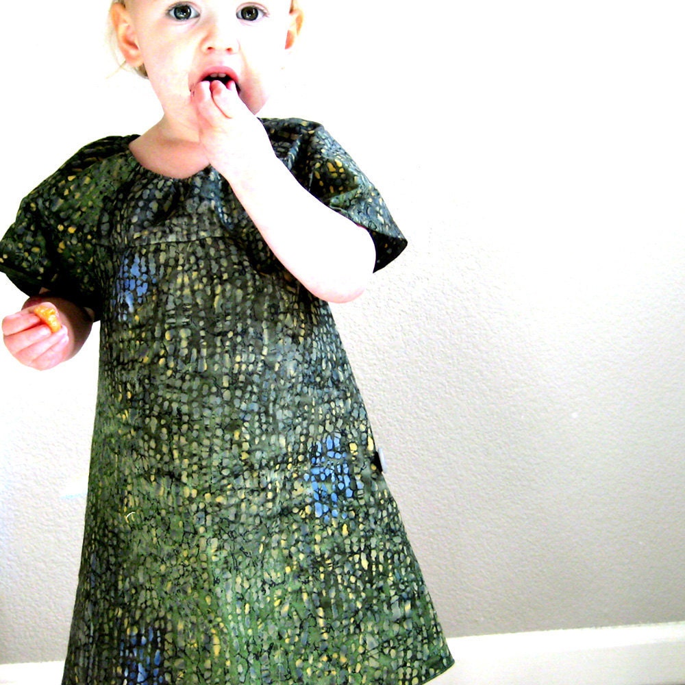 jungle batik toddler girl spring dress - 2T - green blue black yellow - gorgeous colours peasant style SALE
