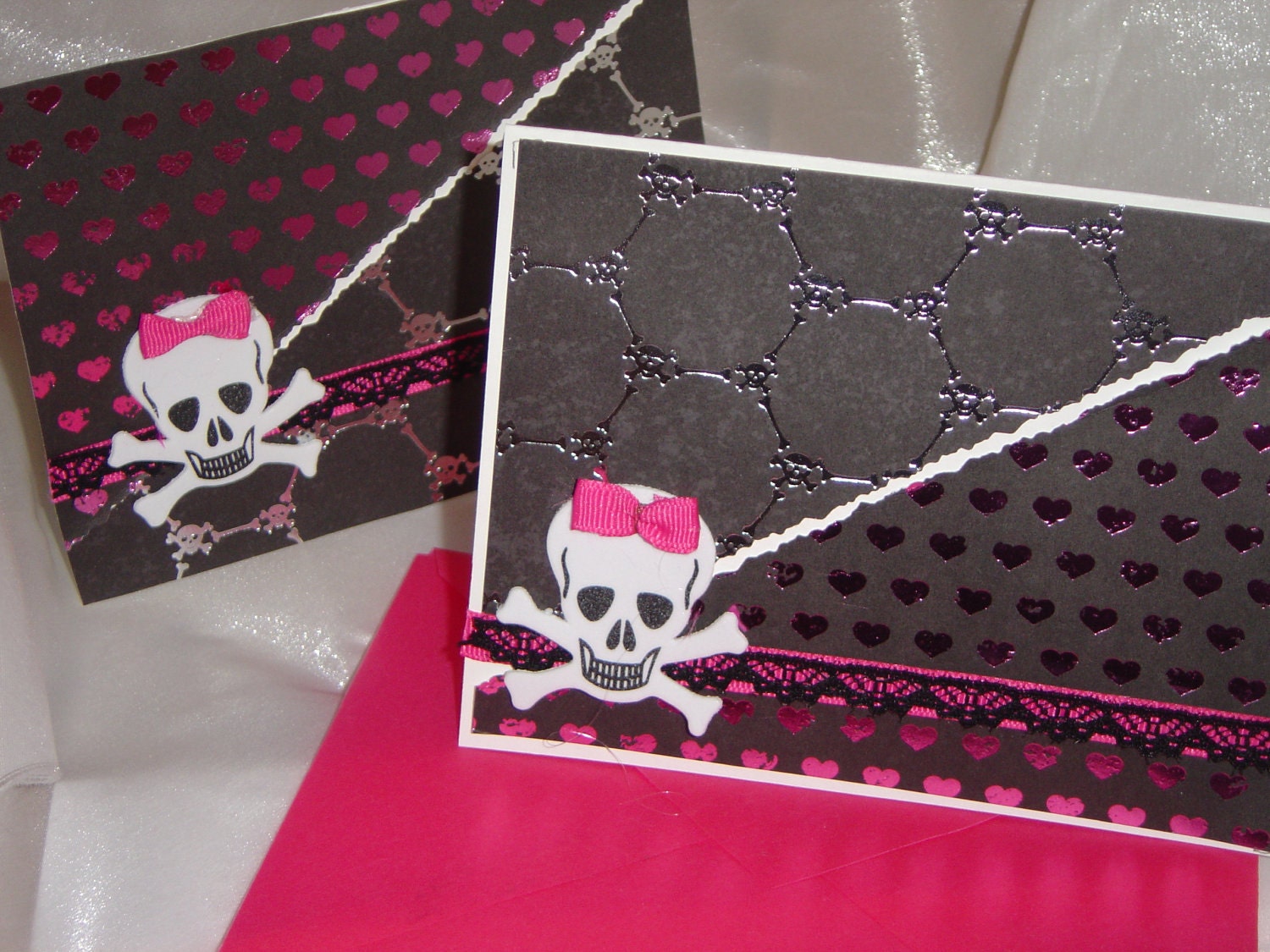 Set of two Skull with Bows Greeting Cards and Guitar backpack w/ Pick Gift Box for treats