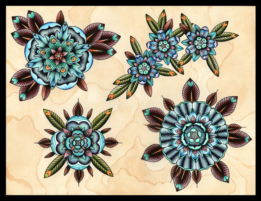 Blue Flowers Tattoo Art - Print