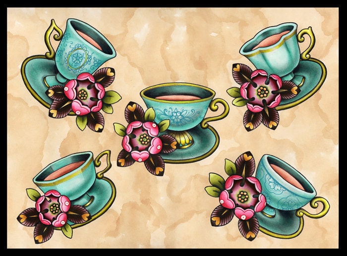 Turquoise Teacups Tattoo Art - Print