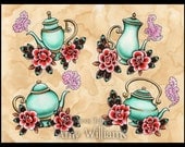 Four Turquoise Teapots Tattoo Art - Print