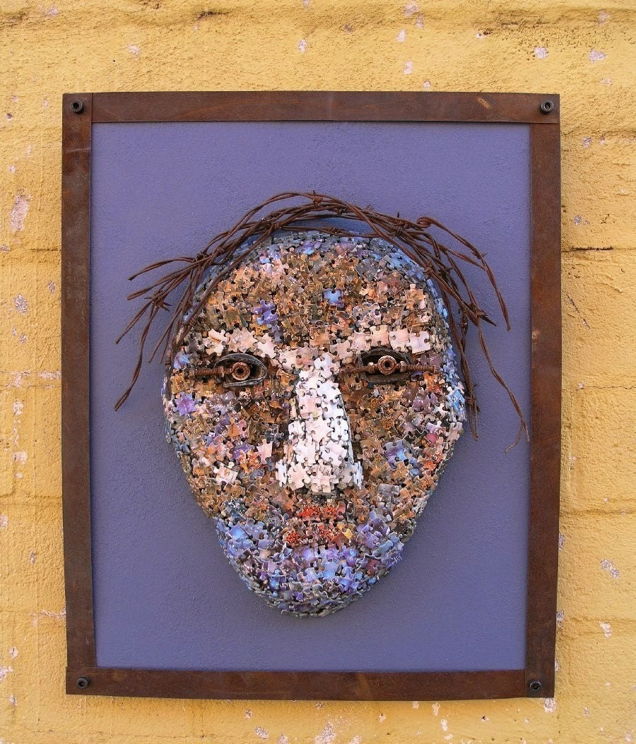 Mixed Media Art, Wall Sculpture, art assemblage, Metal Wood Puzzle Pieces and Barb Wire