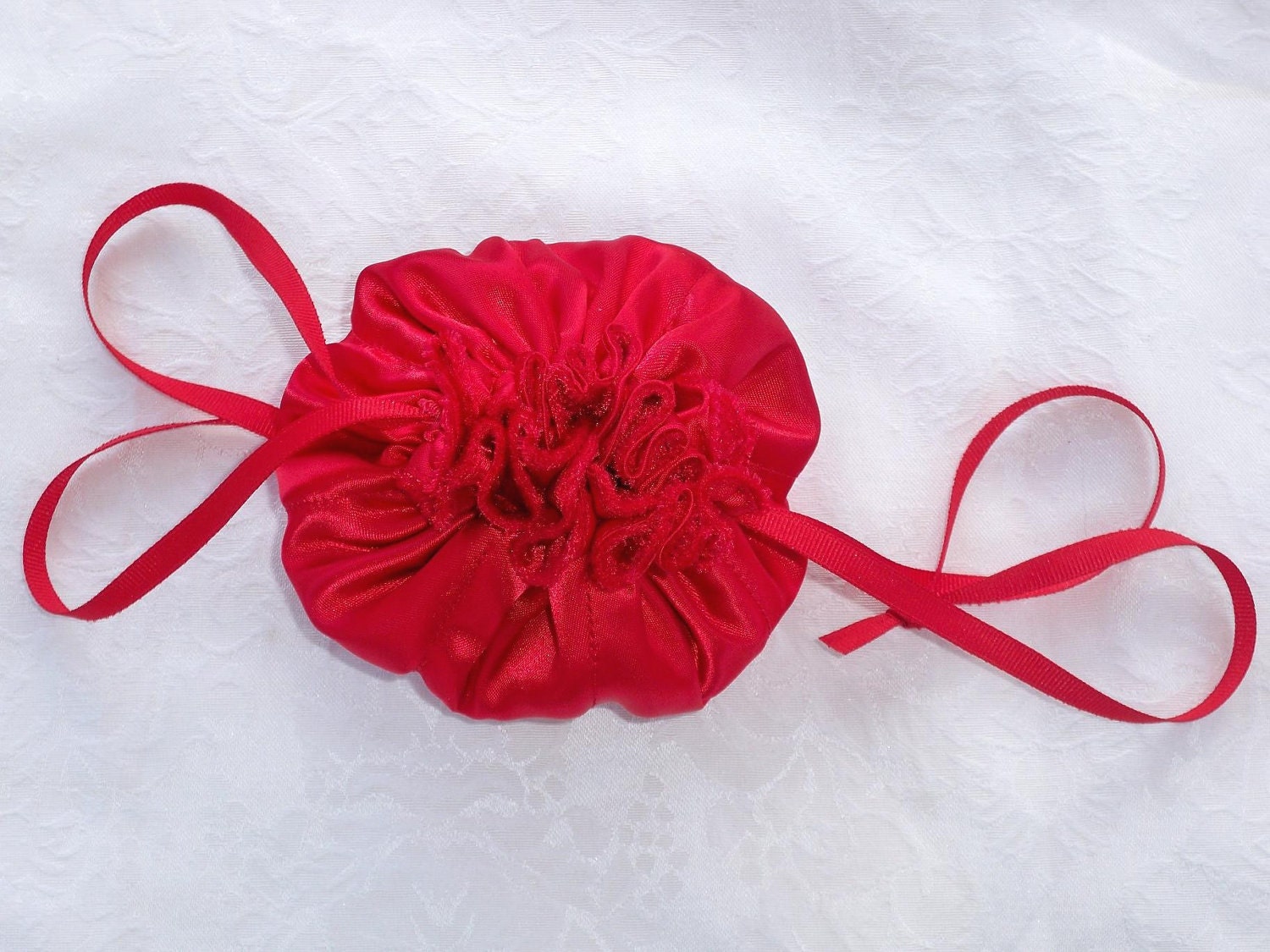 Jewelry Pouch, Drawstring, Red Satin, Red Panne Velour Lining, Inside Pockets