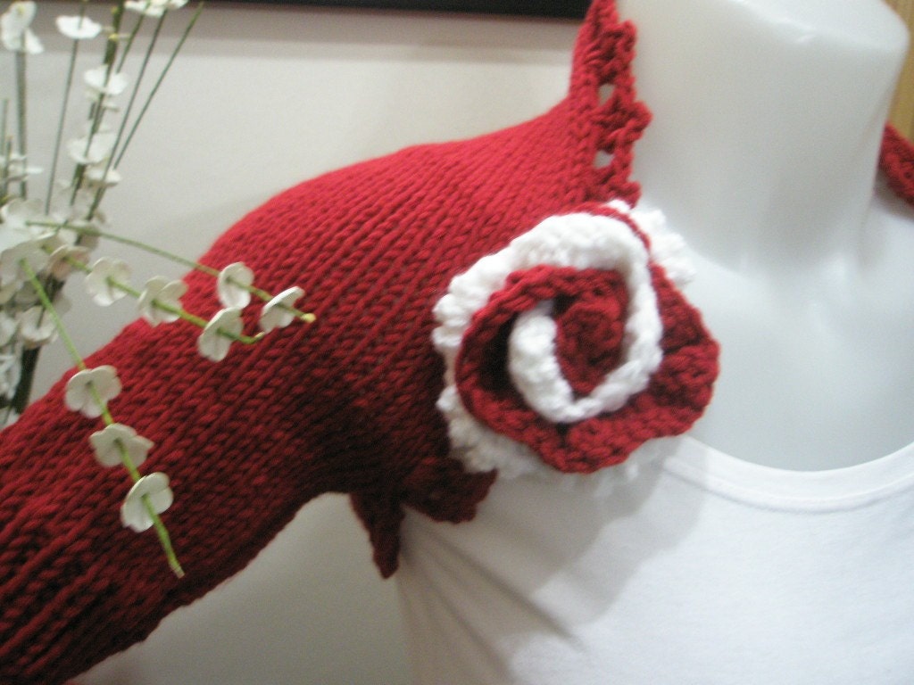 SALE Red Shrug Knitting Scarlet Cardinal Carmine Alizarin with Rose Brooch Knitted Crocheted Warm Free Shipping READY