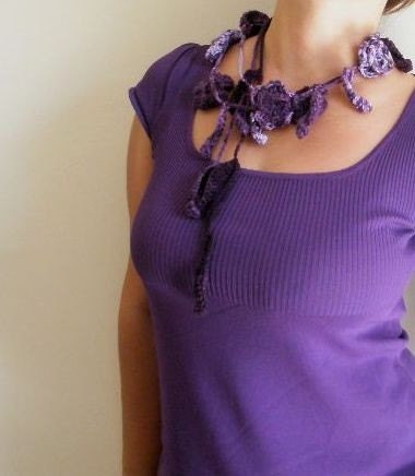 Romantic Flower Lariat Violet Purple Lavender Crochet Hand Crocheted Scarf Scarflette Jewelry Cable with Rose READY TO SHIPPING