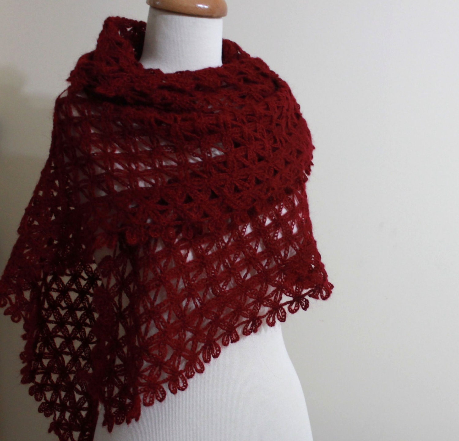 Lace Shawl Burgundy Mohair Wrap Triangle Poncho Stole Scarf Crochet Handmade READY TO SHIPPING