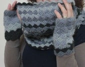 Grey Colors Infinity Cowl with Fingerless Gloves Mittens, Fall Spring Hand Knit For Her Winter Fall Holiday Accessories READY TO SHIPPING