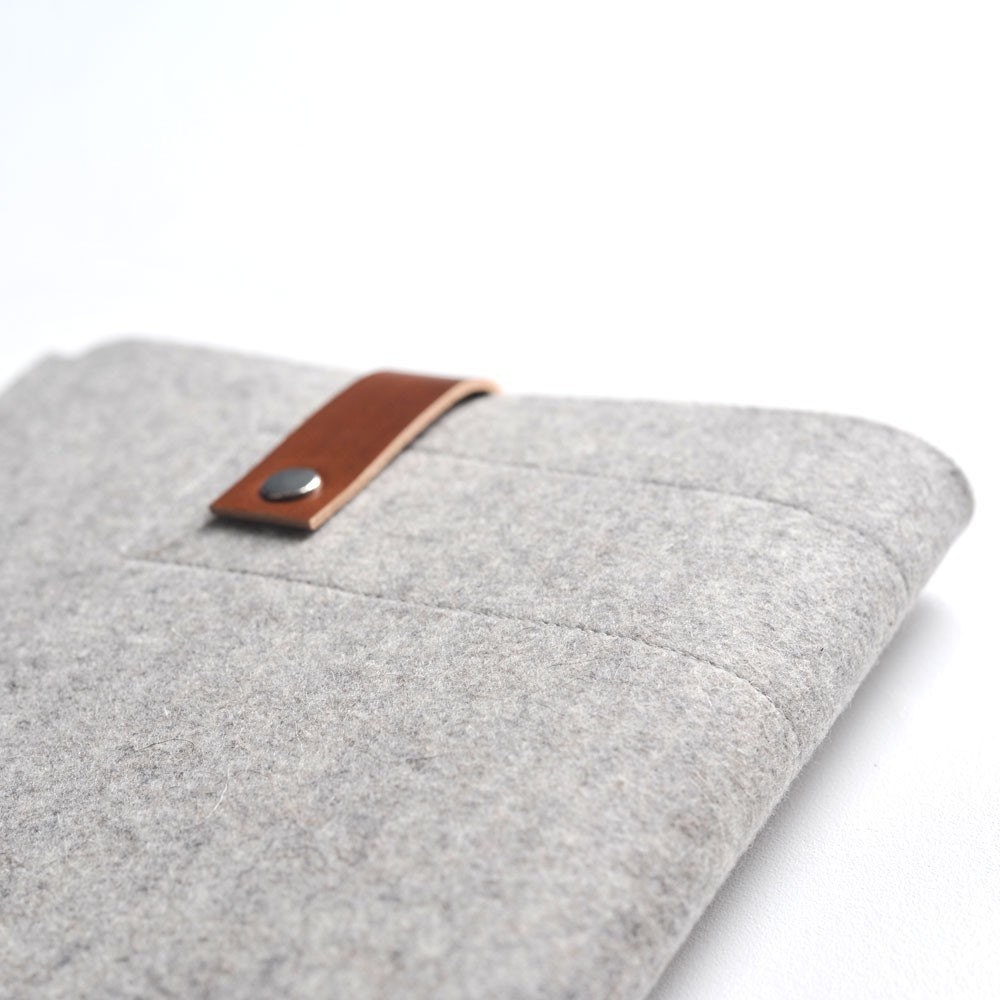 iPad Sleeve - Grey Wool Felt with Brown Leather