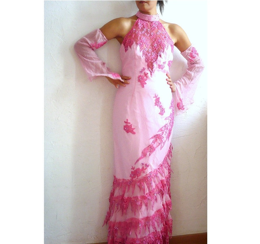 DANIELLA French Vintage Rose Silk Scoop Back Maxi Party Dress with Lace and Embroidery