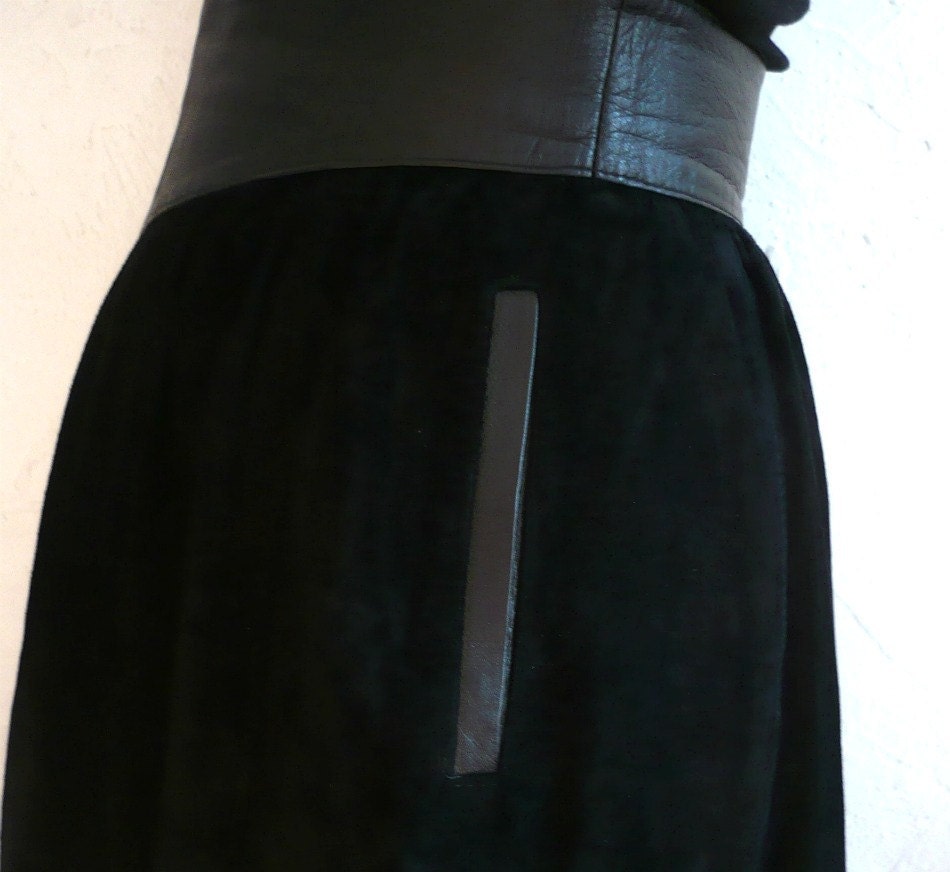 LINA French Vintage Black Leather Suede Maxi Skirt