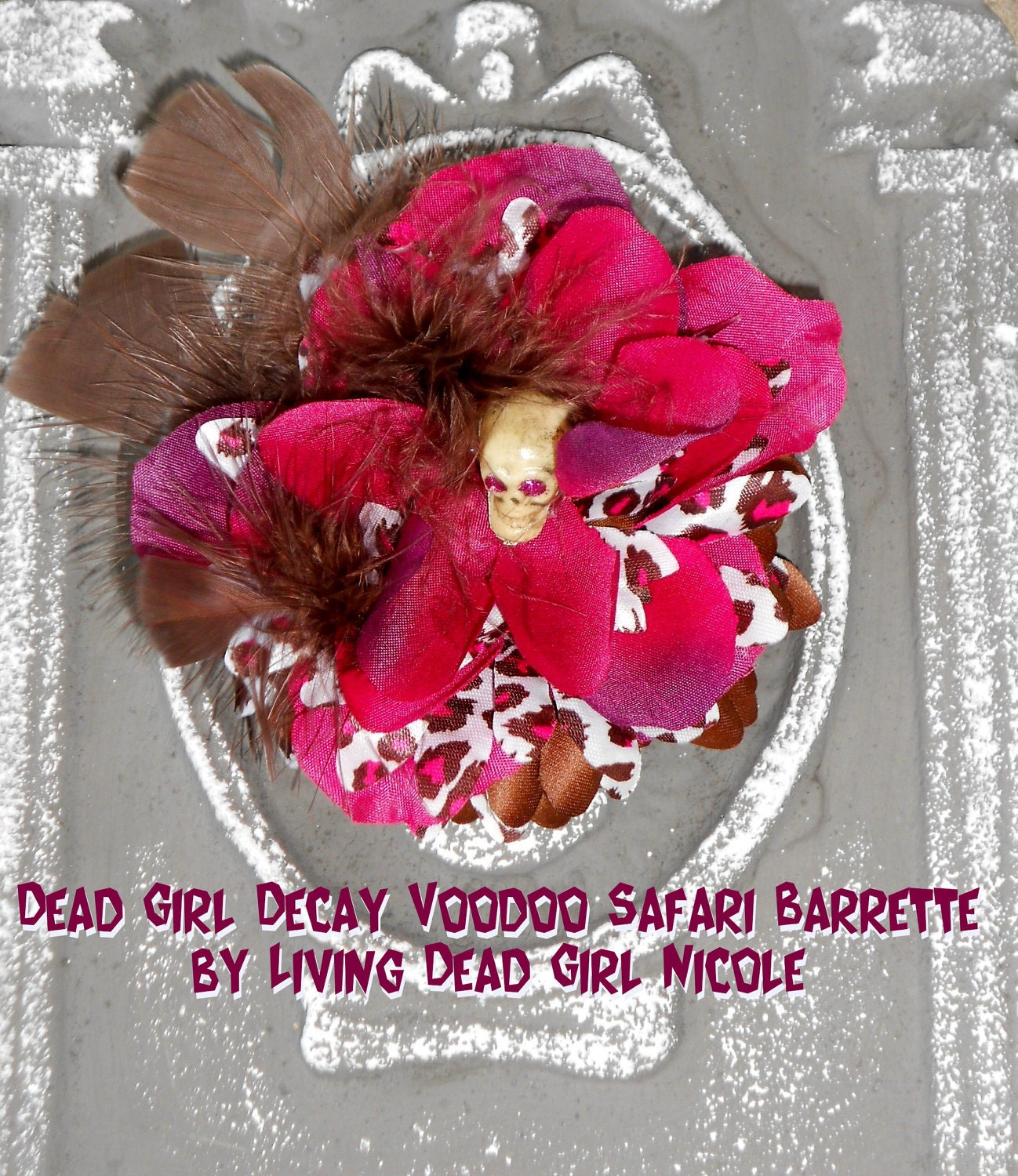 Dead Girl Decay Voodoo Safari Brown White and Fuschia Leopard Print Skull Feather and Flower Hair Barrette
