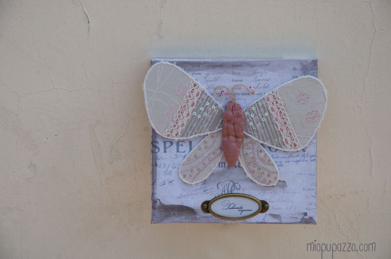 Summer Sale -20% Textile wall art - Crazy quilted Pale Pink Butterfly with decorative panel.