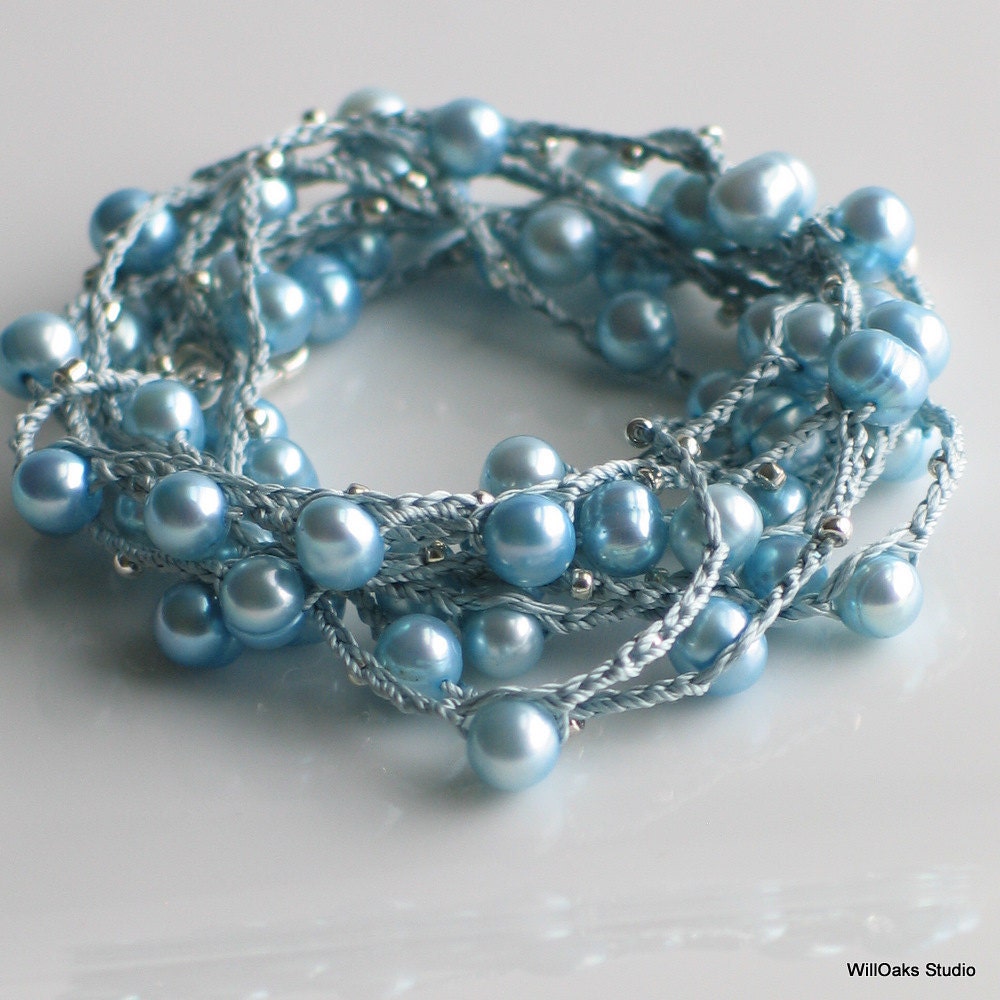Blue Pearls and Silk Long Crocheted Necklace or Bracelet Chain, Quarry Blue with Silver Dots, Versatile Long Chain